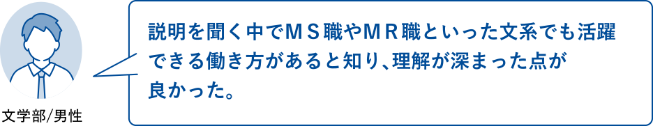 説明を聞く中でＭＳ職やＭＲ職といった文系でも活躍できる働き方があると知り、理解が深まった点が良かった。